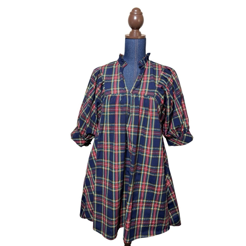 Entro Plaid Babydoll Dress Womens Medium Puff Sleeve lined Cottagecore Tartan